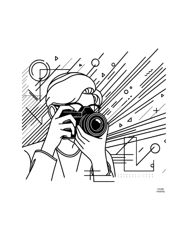 Framing Up: a figure holds a camera to one eye surrounded by diagonal lines, circles and triangles.