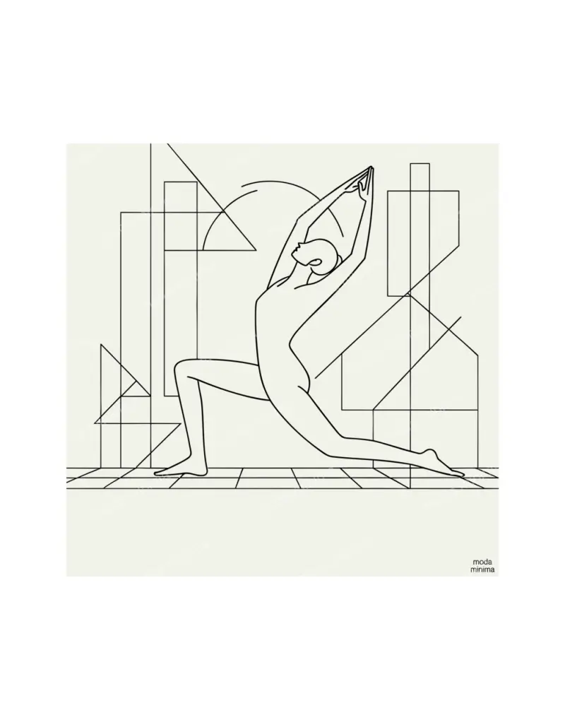Morning Stretch: a figure in a deep lunge stretches both arms overhead among tall rectangles.