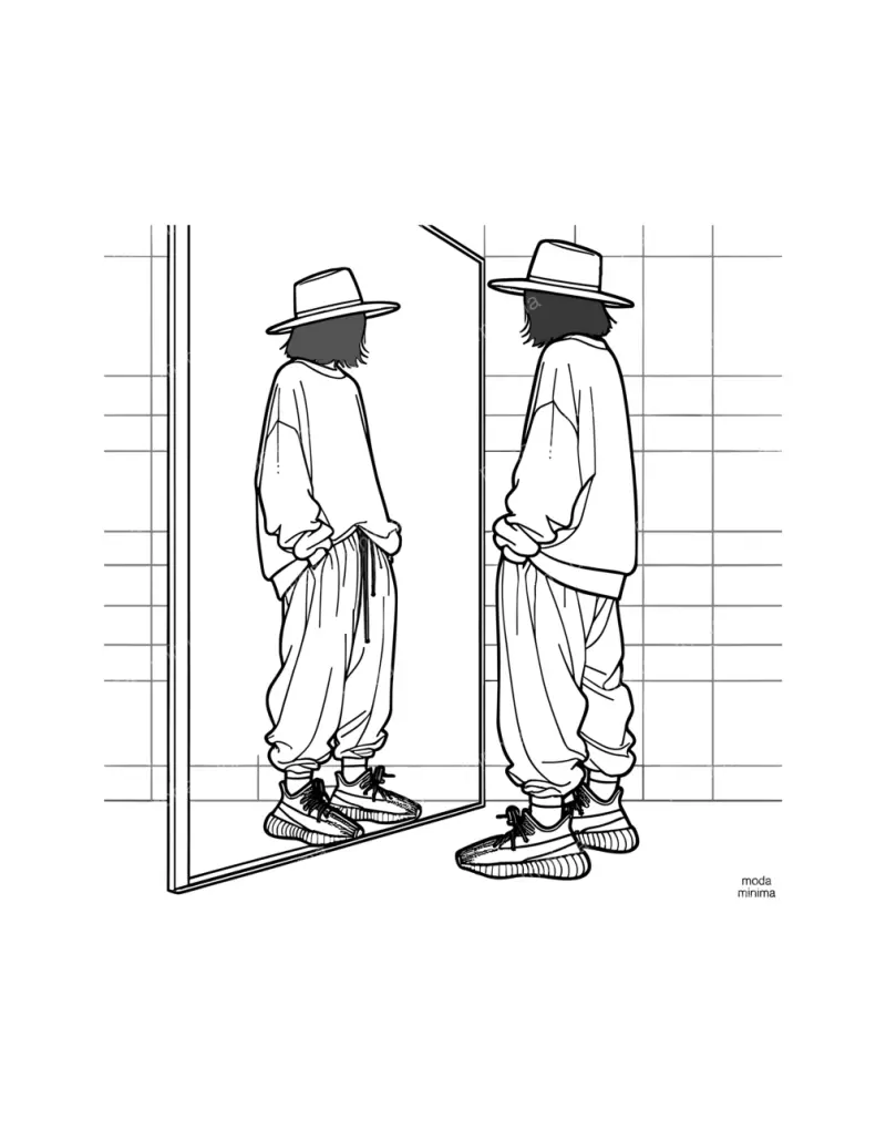 Twice Over: a figure in a wide-brimmed hat and baggy clothes faces a mirror showing the same pose.
