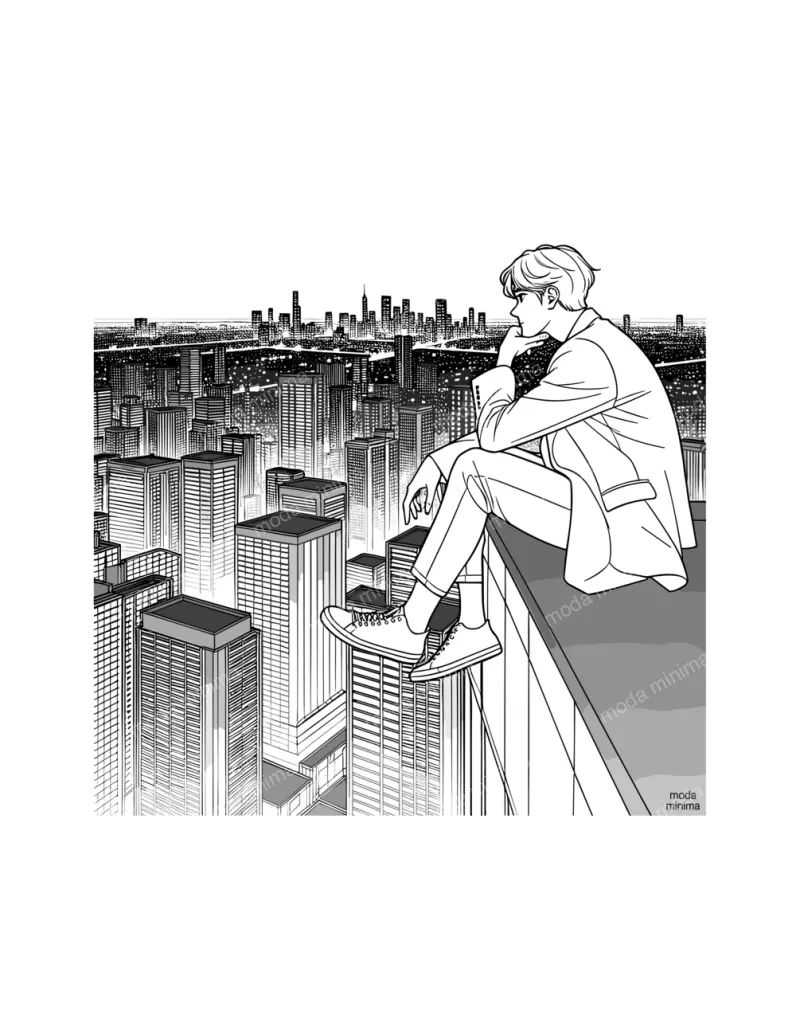 Rooftop Hour: a man in a coat sits on the edge of a high roof above a dense city of towers.