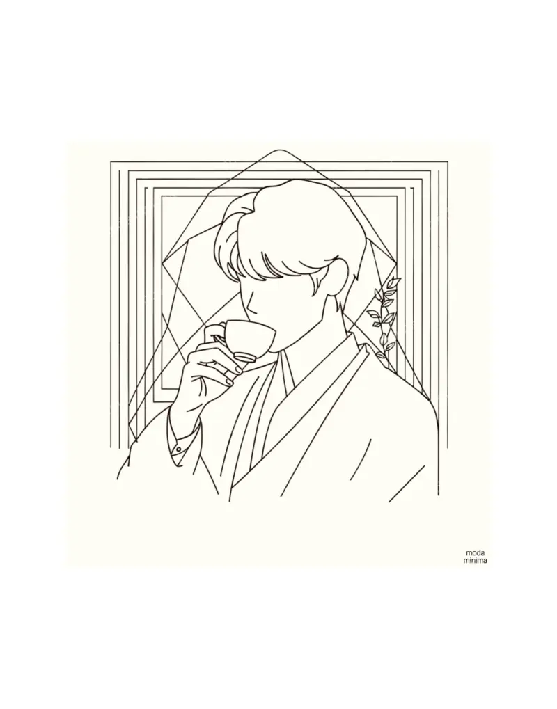 Quiet Cup: a man in a jacket sips from a small cup inside a frame of nested angled lines and a leafy stem.