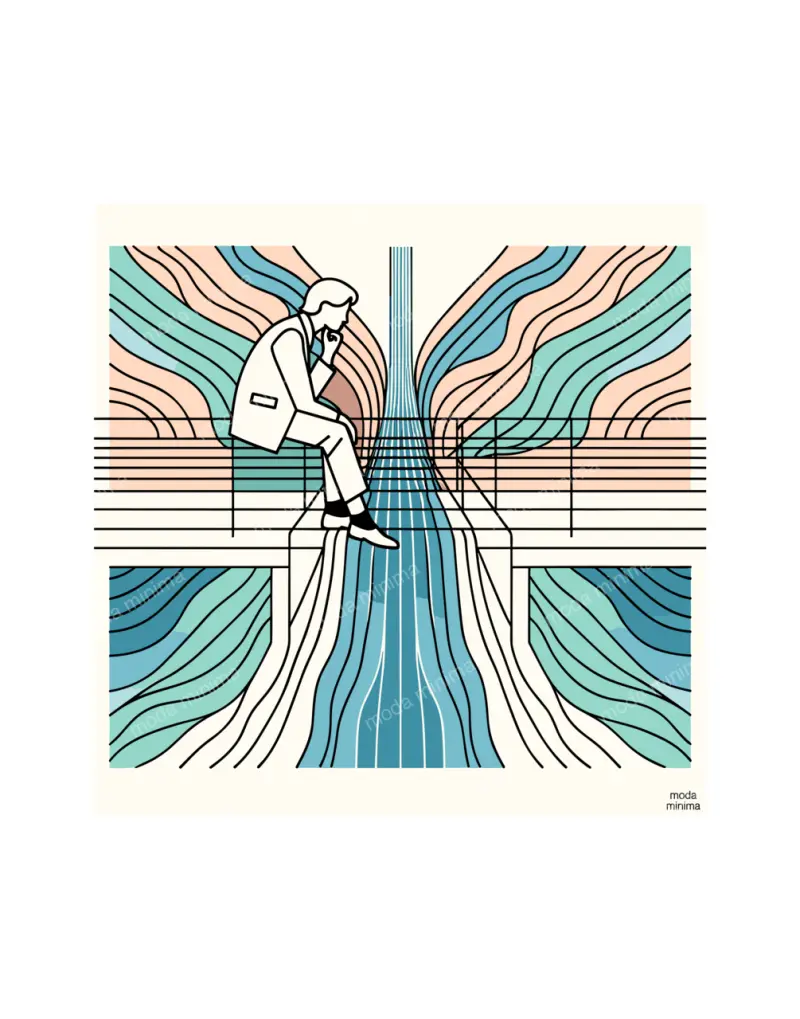 Bridge Sitter: a man sits on a horizontal band above a flowing stream of blue and green lines.