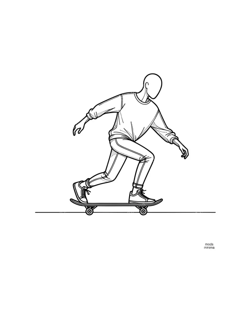 Rolling: a faceless figure rides a skateboard in a low crouch along a single ground line.