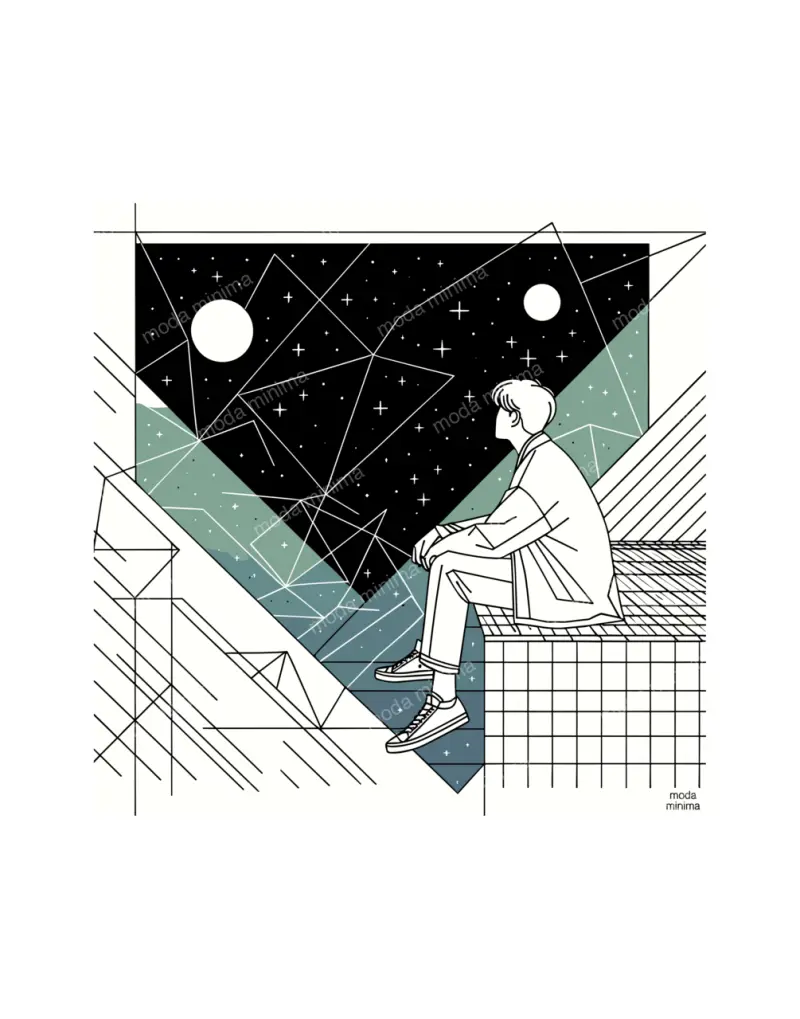 Under Constellations: a figure sits on a ledge under a black starry sky with two moons and line patterns.