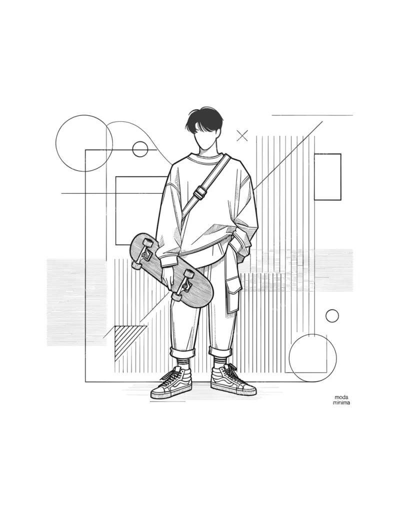 Deck Days: a young man with a crossbody bag holds a skateboard among circles and striped panels.