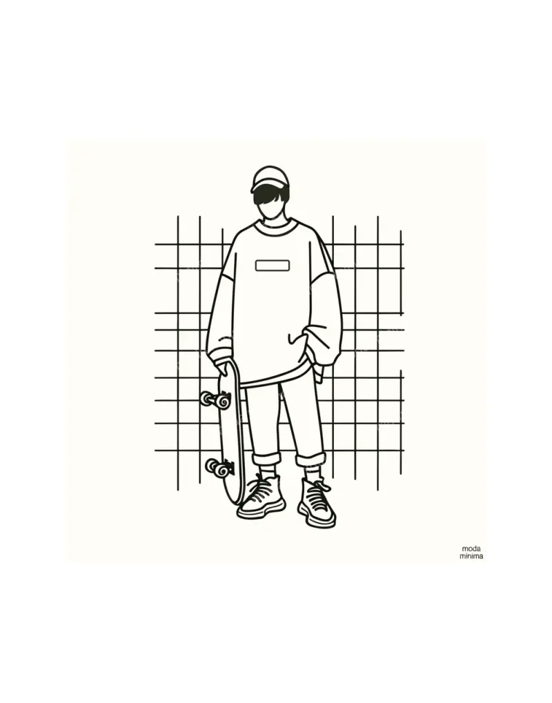 Board and Cap: a figure in a cap and oversized sweatshirt holds a skateboard upright before a grid.