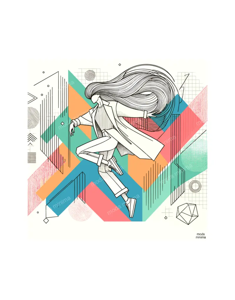 Leap: a figure with long streaming hair jumps mid-air across bright orange, teal and coral shapes.