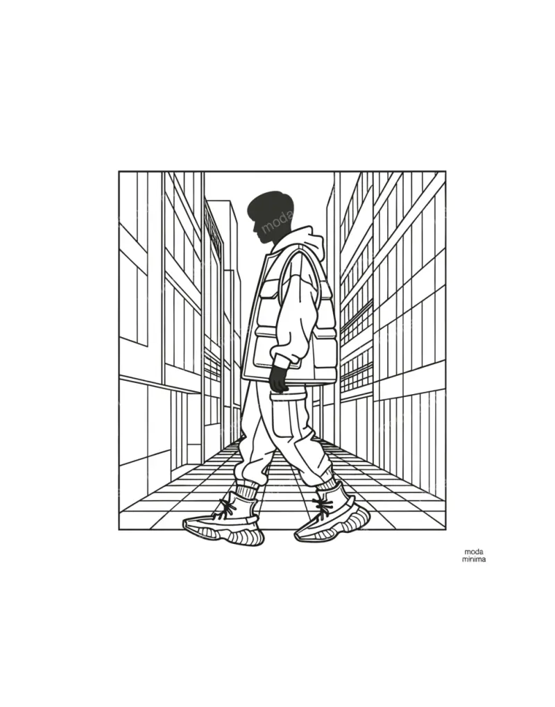 Narrow Street: a figure in a puffer vest and chunky sneakers walks down a street between tall buildings.