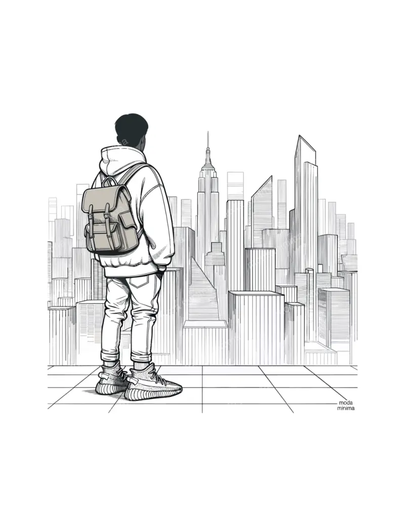 Facing the Skyline: a man with a backpack and hoodie stands looking out at a dense city skyline.