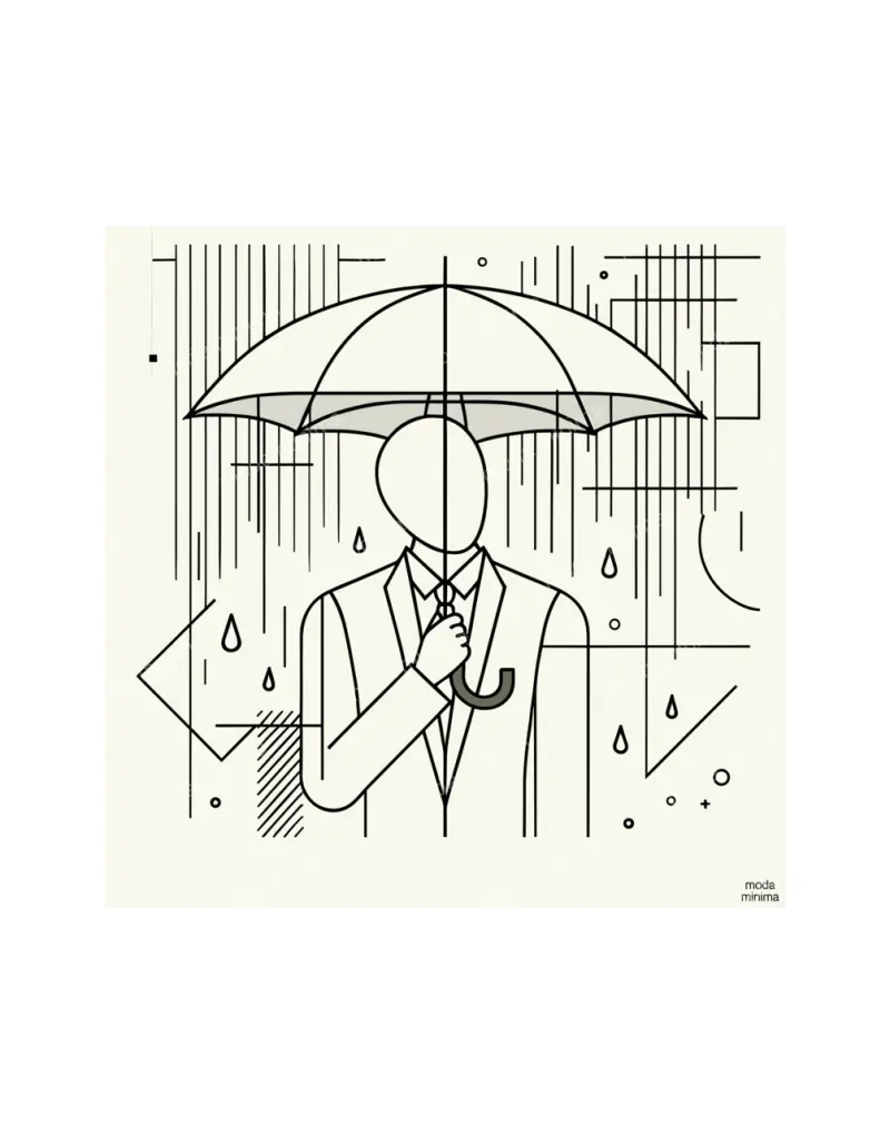 Rain Coat: a faceless figure in a coat stands under a large umbrella with raindrops and thin lines.