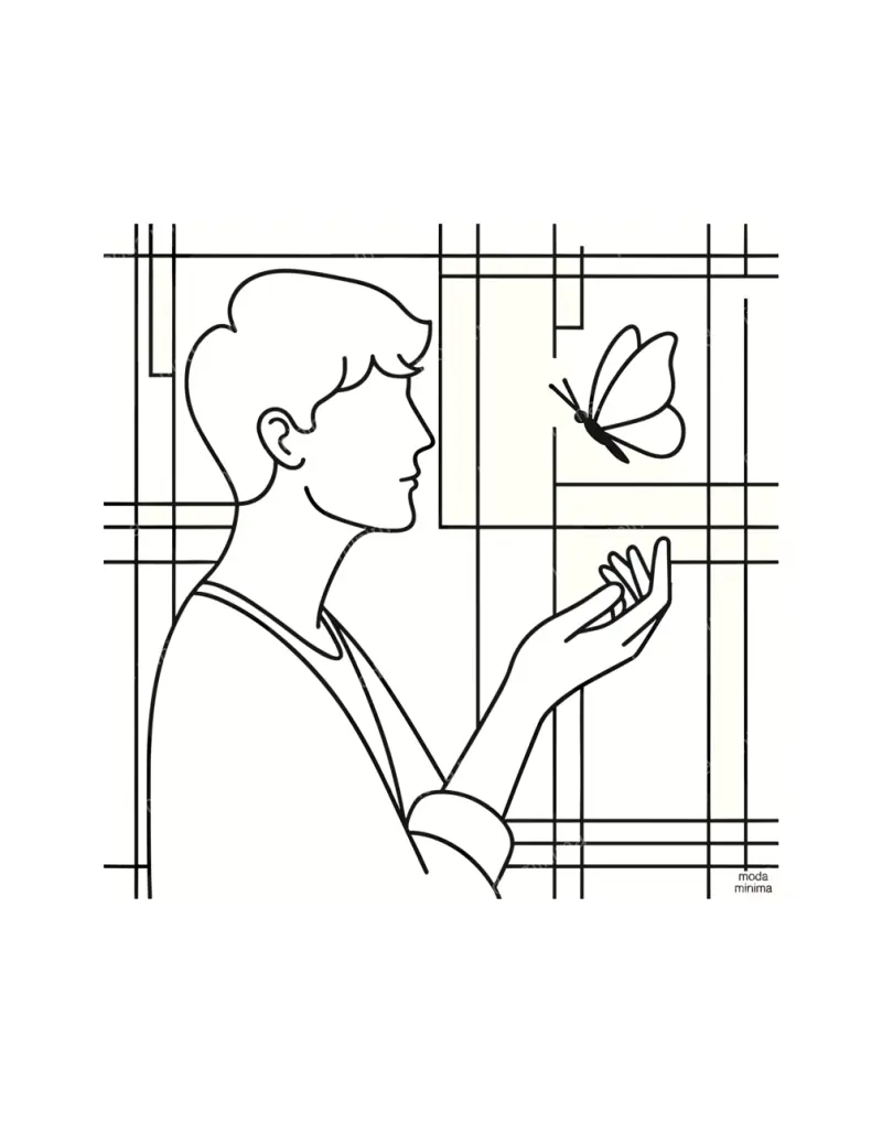 The Visitor: a man in profile holds out his hand toward a butterfly inside a grid of black lines.