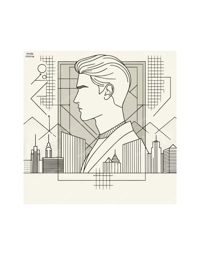 City Profile: a man shown in side profile in a sweater, framed by a city skyline and grid panels.