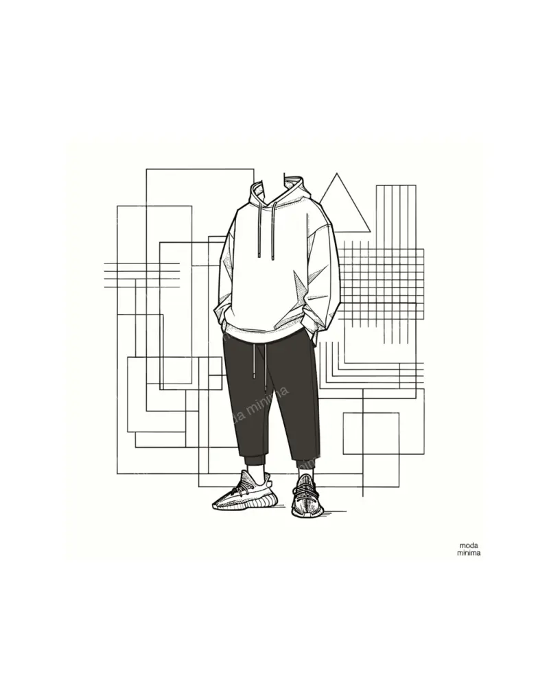 Street Standard: a headless outfit of hoodie, dark joggers and sneakers stands before layered rectangles.