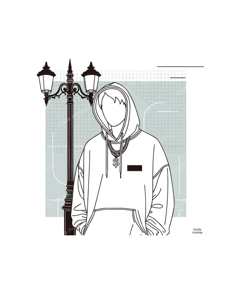 Two Lamps: a faceless figure in a hoodie and chain stands beside a street lamp with two lanterns.