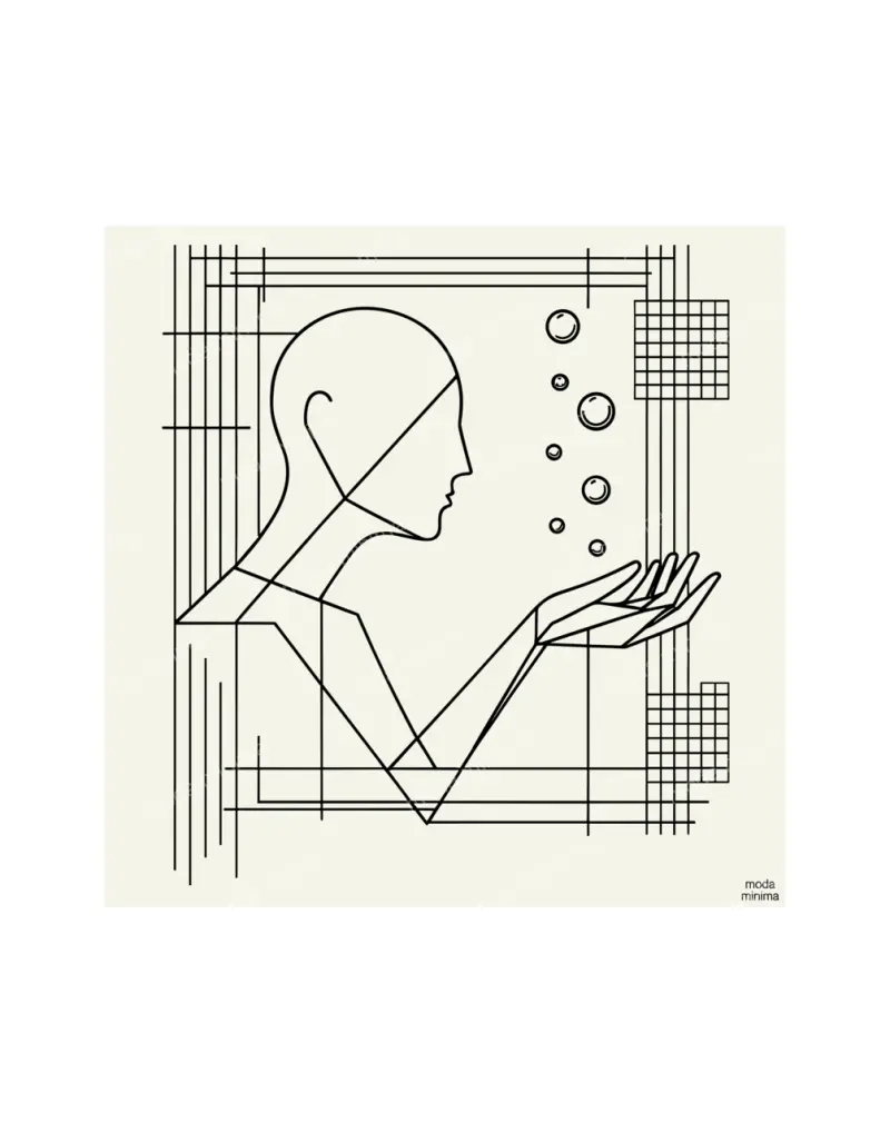 Small Bubbles: a figure in profile holds out an open hand as small bubbles float upward.