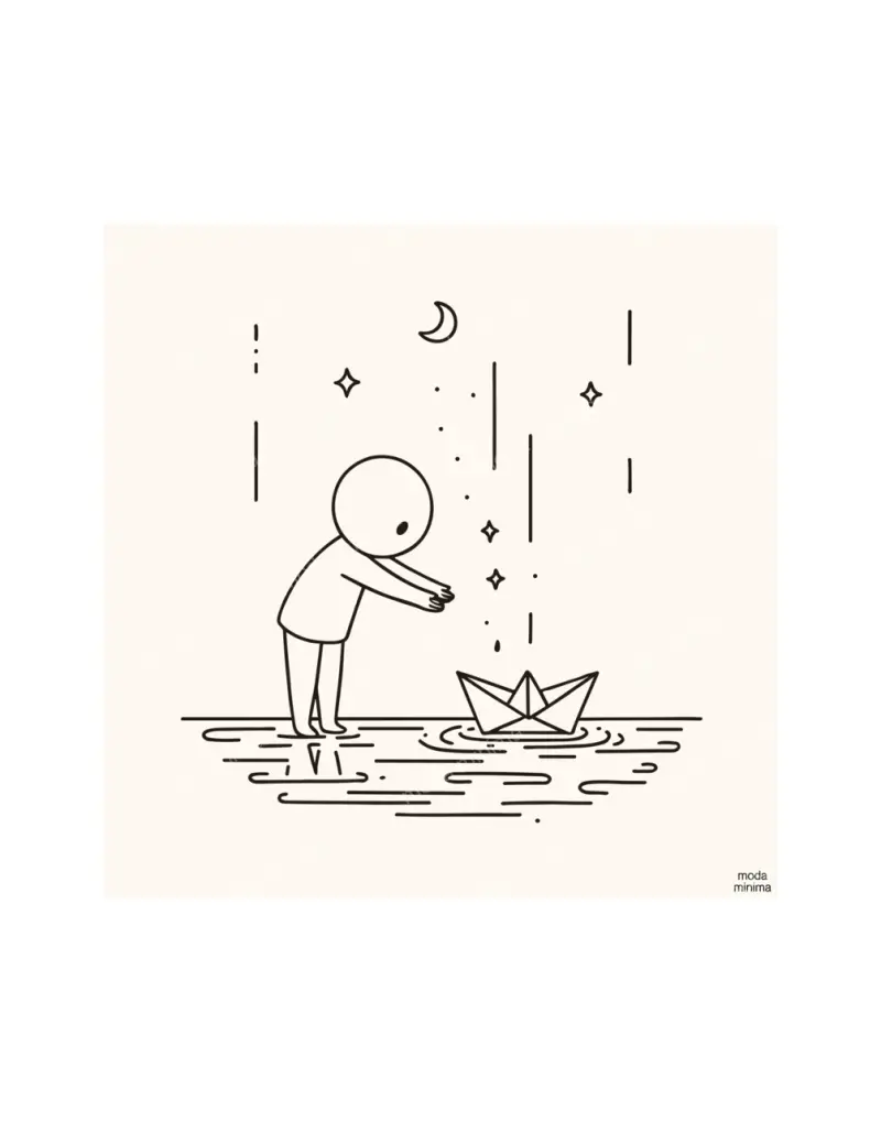 Paper Boat: a round-headed figure stands in shallow water and reaches toward a floating paper boat.