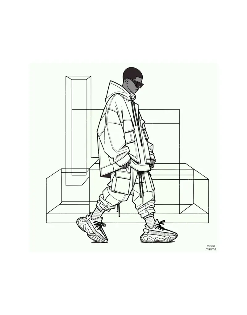 Long Stride: a figure in sunglasses, a hooded jacket and cargo pants walks past outlined boxes.