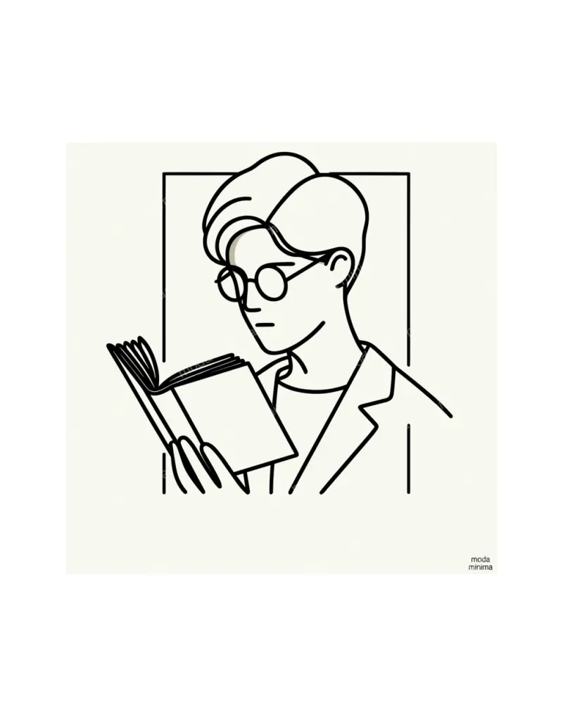 Between Lines: a figure in round glasses and a blazer reads an open paperback inside a simple frame.