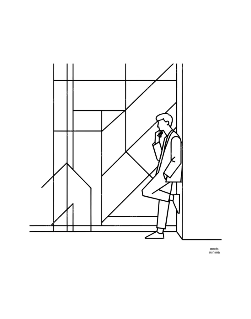 Stairwell: a small figure leans against a wall with one foot up, surrounded by large angled architectural lines.